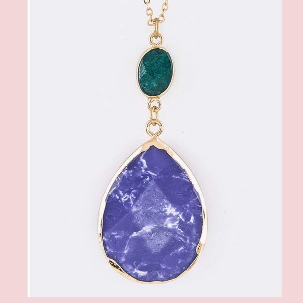 Teardrop Stone Pendant Necklace-Blue